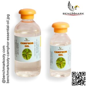 Benchmark Ooty camphor essential oil bottle showcasing its benefits for respiratory relief and skin care