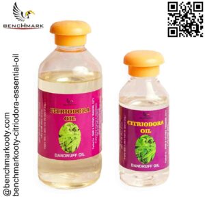 Benchmark Ooty citriodora essential oil bottle highlighting its benefits for natural insect repellent and soothing aromatherapy