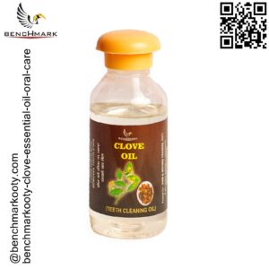 Benchmark Ooty clove essential oil bottle highlighting its benefits for oral care and pain relief