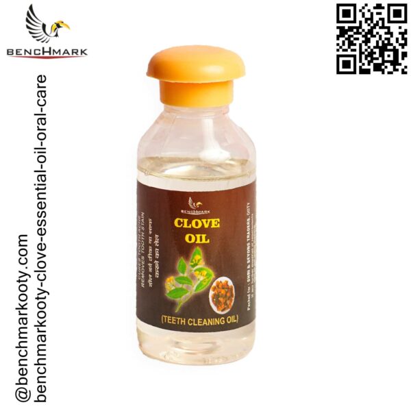 Benchmark Ooty clove essential oil bottle highlighting its benefits for oral care and pain relief